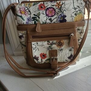 Multi Sac Floral Leather Crossbody Bag Tan/camel Trim